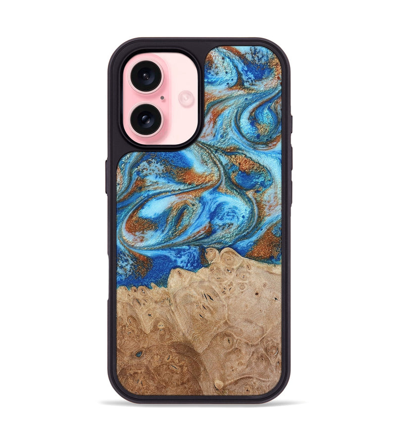 iPhone 16 Wood Phone Case - Benson (Teal & Gold, 801645)