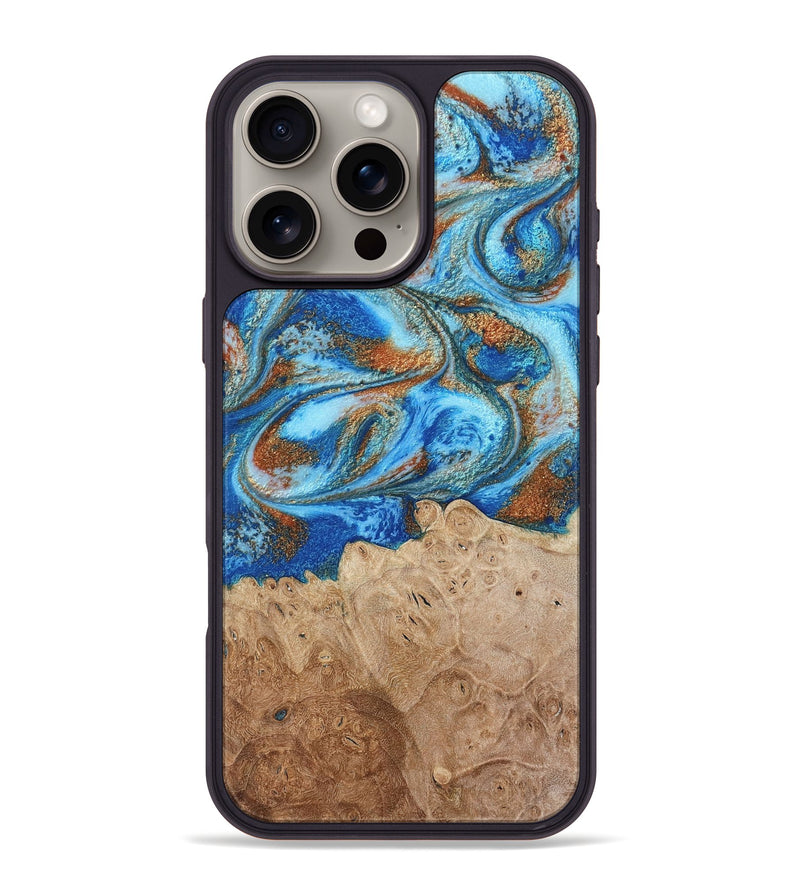 iPhone 16 Pro Max Wood Phone Case - Benson (Teal & Gold, 801645)