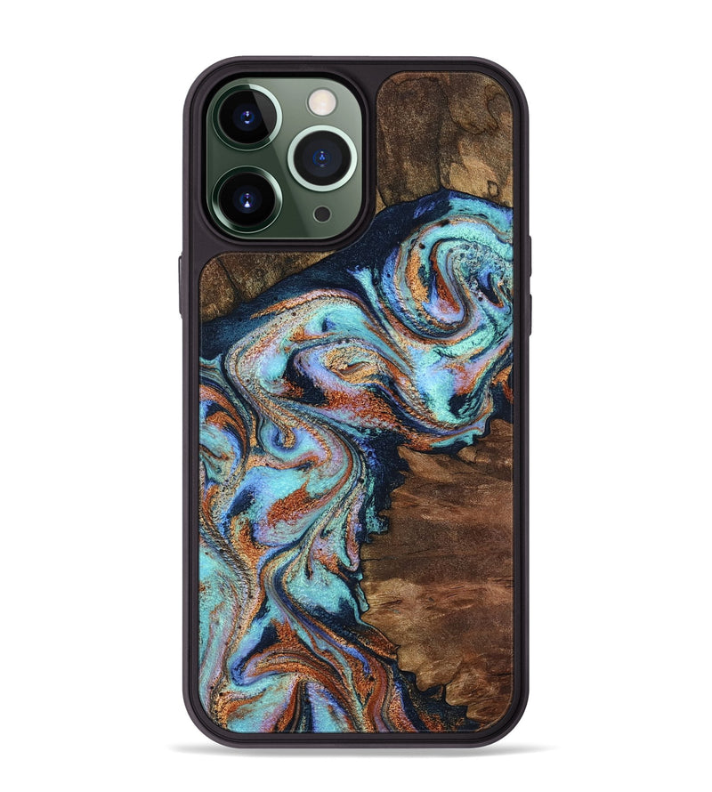 iPhone 13 Pro Max Wood Phone Case - Claire (Teal & Gold, 801646)