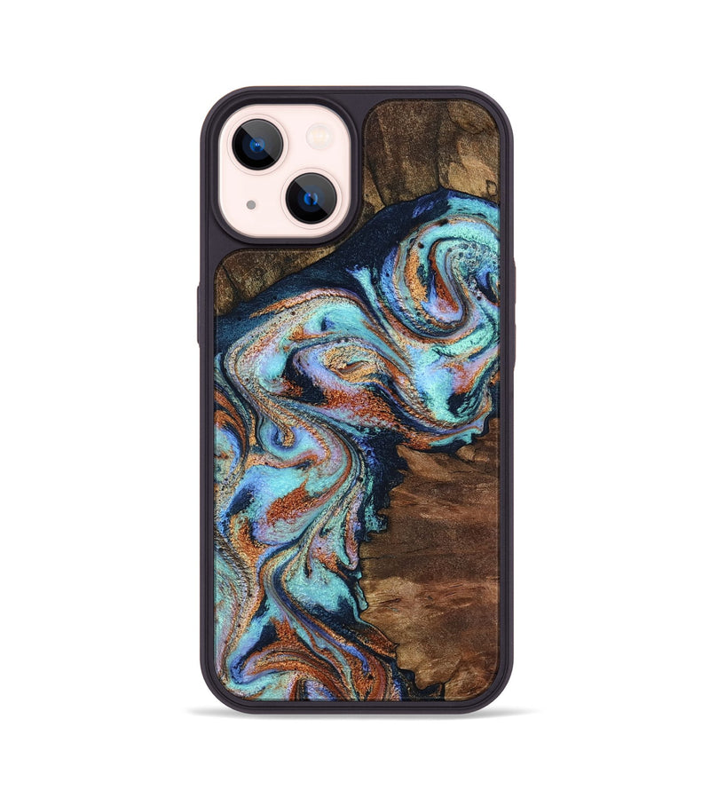 iPhone 14 Wood Phone Case - Claire (Teal & Gold, 801646)