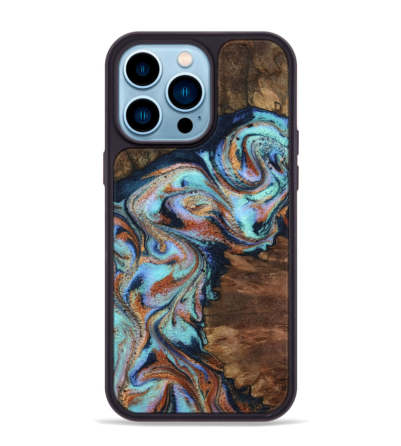 iPhone 14 Pro Max Wood Phone Case - Claire (Teal & Gold, 801646)