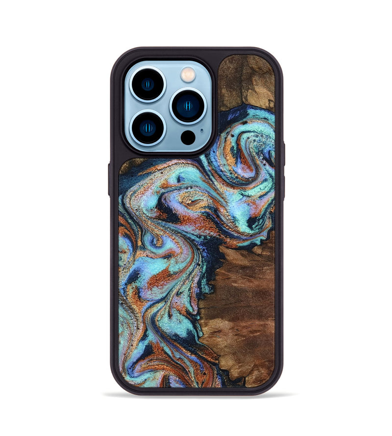 iPhone 14 Pro Wood Phone Case - Claire (Teal & Gold, 801646)