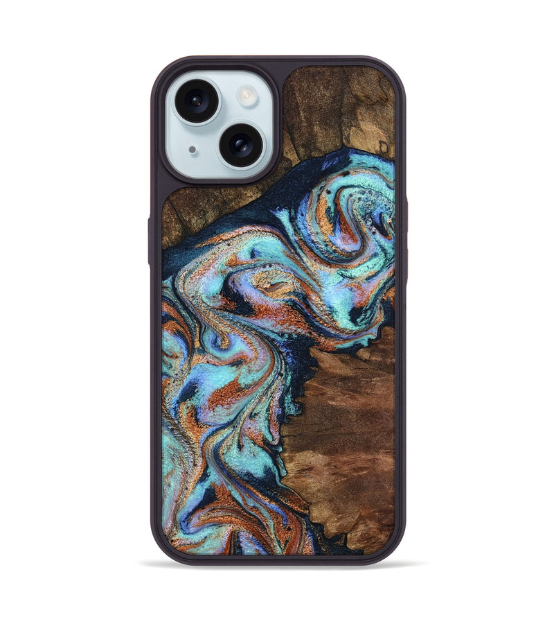 iPhone 15 Wood Phone Case - Claire (Teal & Gold, 801646)