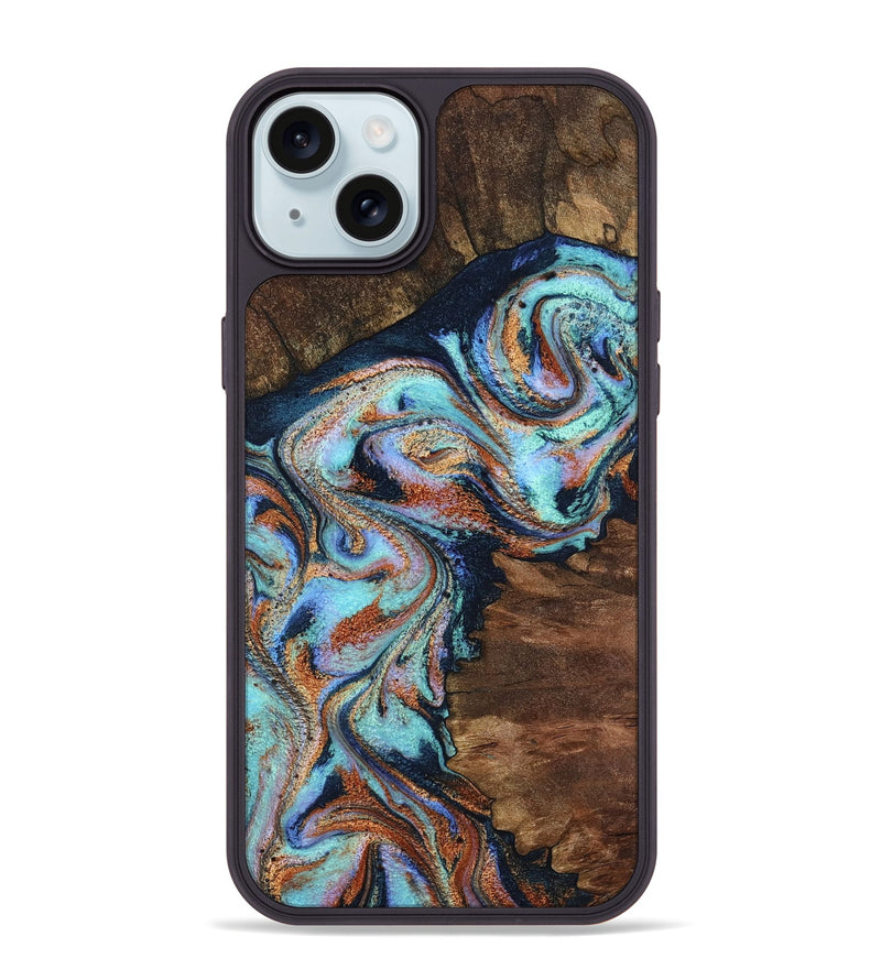 iPhone 15 Plus Wood Phone Case - Claire (Teal & Gold, 801646)