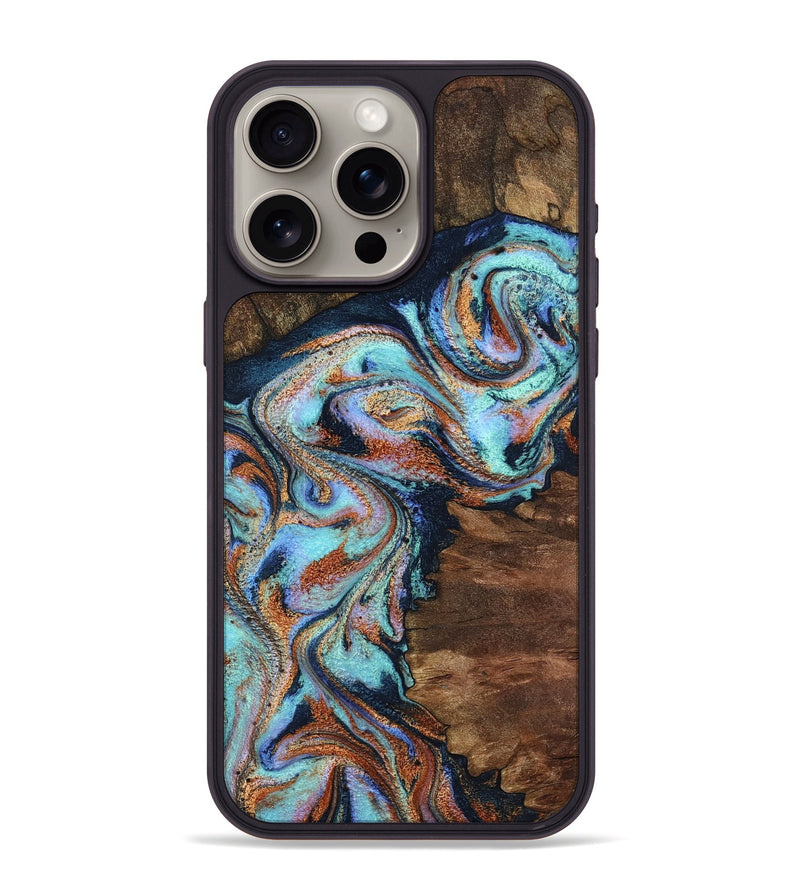 iPhone 15 Pro Max Wood Phone Case - Claire (Teal & Gold, 801646)