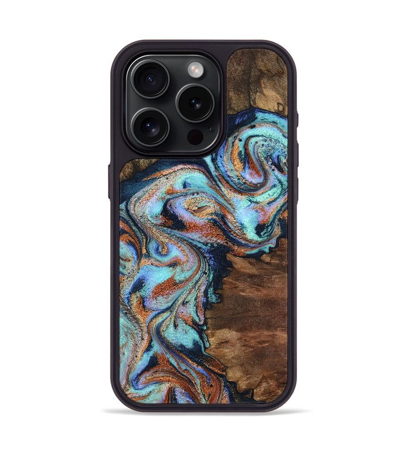 iPhone 15 Pro Wood Phone Case - Claire (Teal & Gold, 801646)
