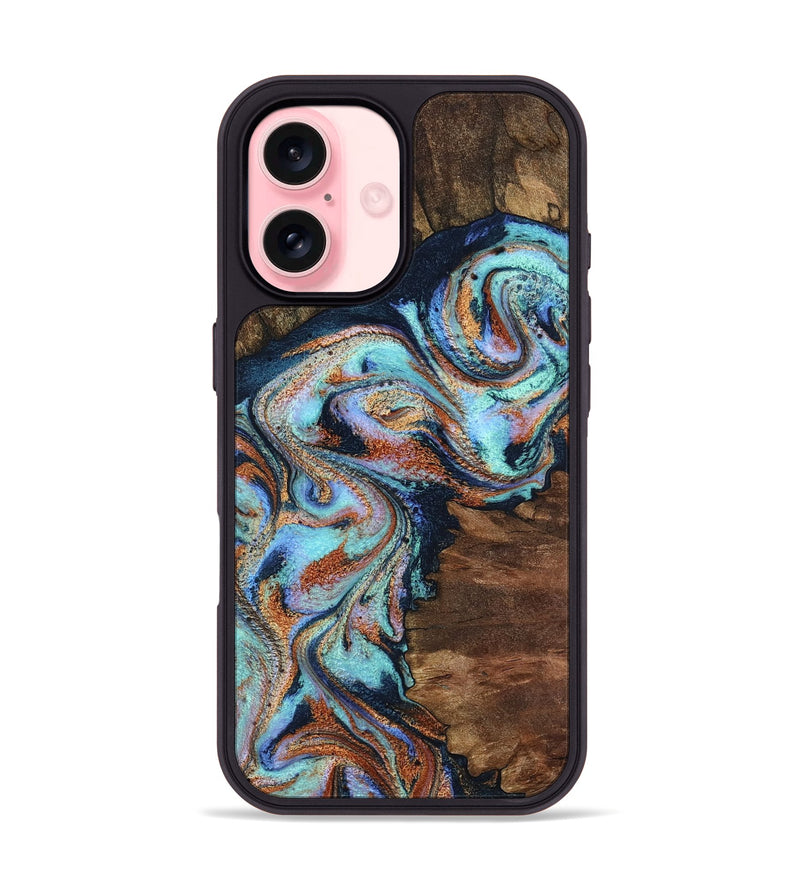 iPhone 16 Wood Phone Case - Claire (Teal & Gold, 801646)