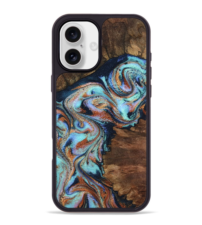 iPhone 16 Plus Wood Phone Case - Claire (Teal & Gold, 801646)
