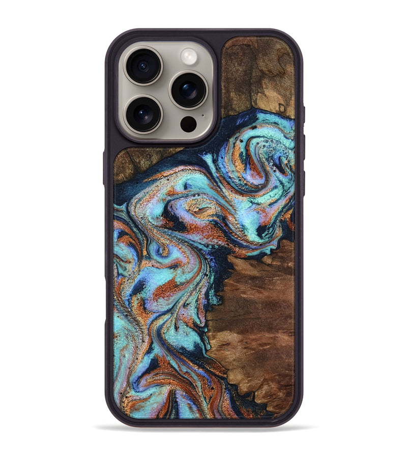 iPhone 16 Pro Max Wood Phone Case - Claire (Teal & Gold, 801646)