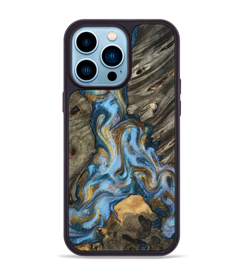 iPhone 14 Pro Max Wood Phone Case - Jarred (Teal & Gold, 801647)