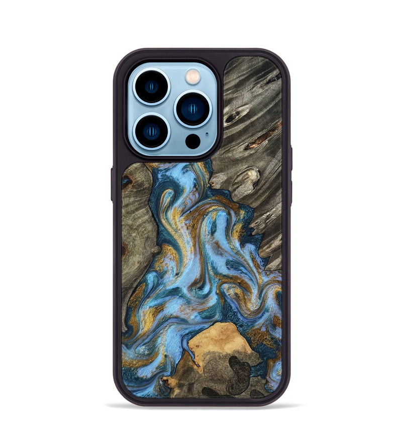 iPhone 14 Pro Wood Phone Case - Jarred (Teal & Gold, 801647)
