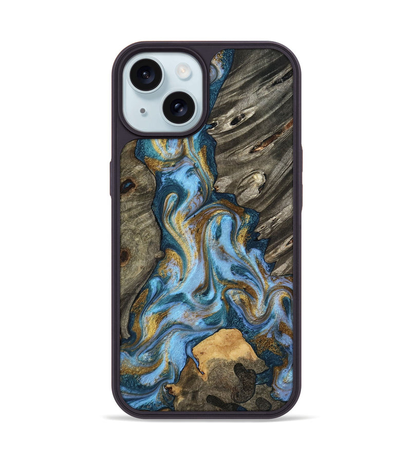 iPhone 15 Wood Phone Case - Jarred (Teal & Gold, 801647)