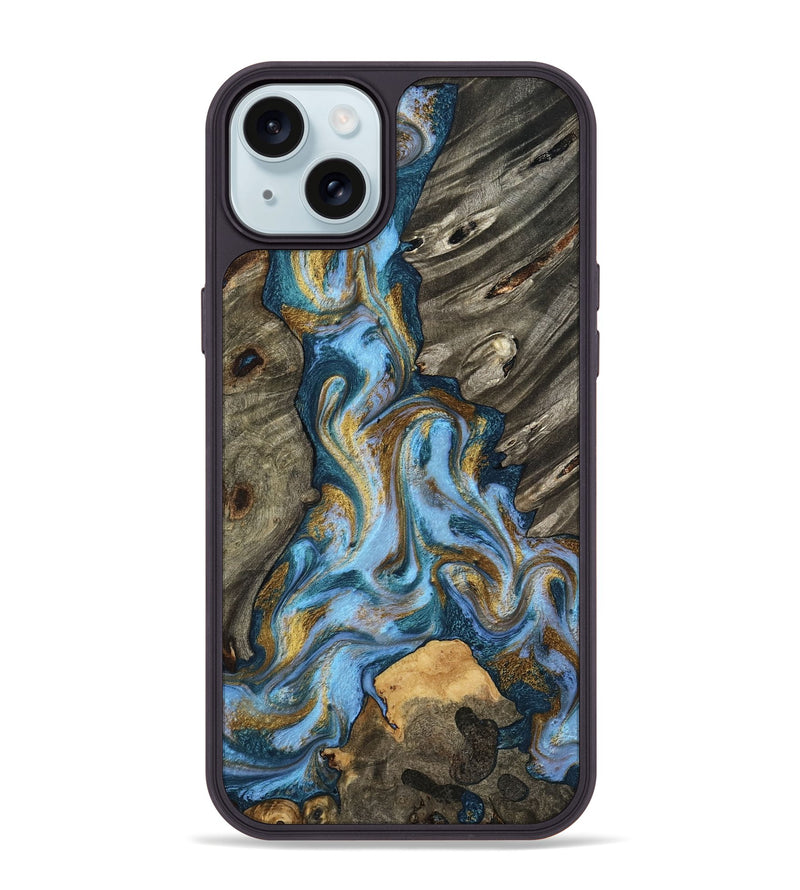 iPhone 15 Plus Wood Phone Case - Jarred (Teal & Gold, 801647)