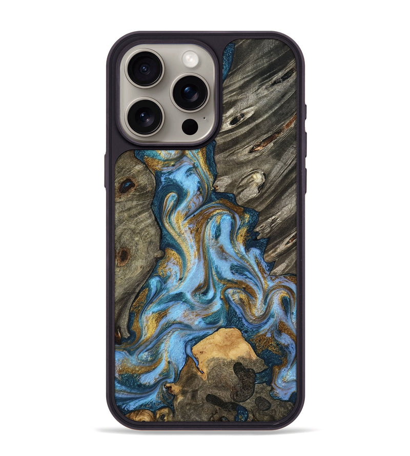 iPhone 15 Pro Max Wood Phone Case - Jarred (Teal & Gold, 801647)
