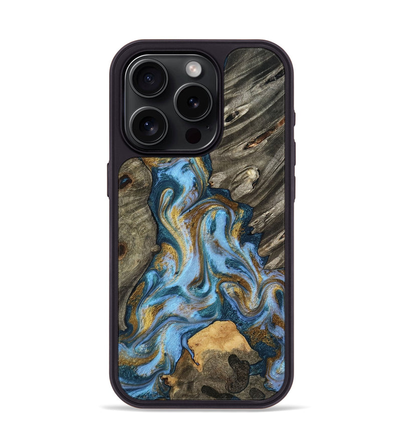 iPhone 15 Pro Wood Phone Case - Jarred (Teal & Gold, 801647)