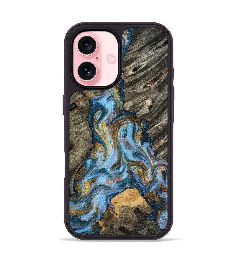 iPhone 16 Wood Phone Case - Jarred (Teal & Gold, 801647)