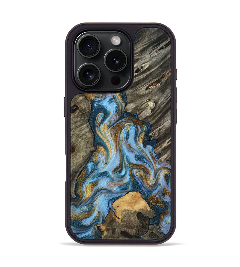 iPhone 16 Pro Wood Phone Case - Jarred (Teal & Gold, 801647)