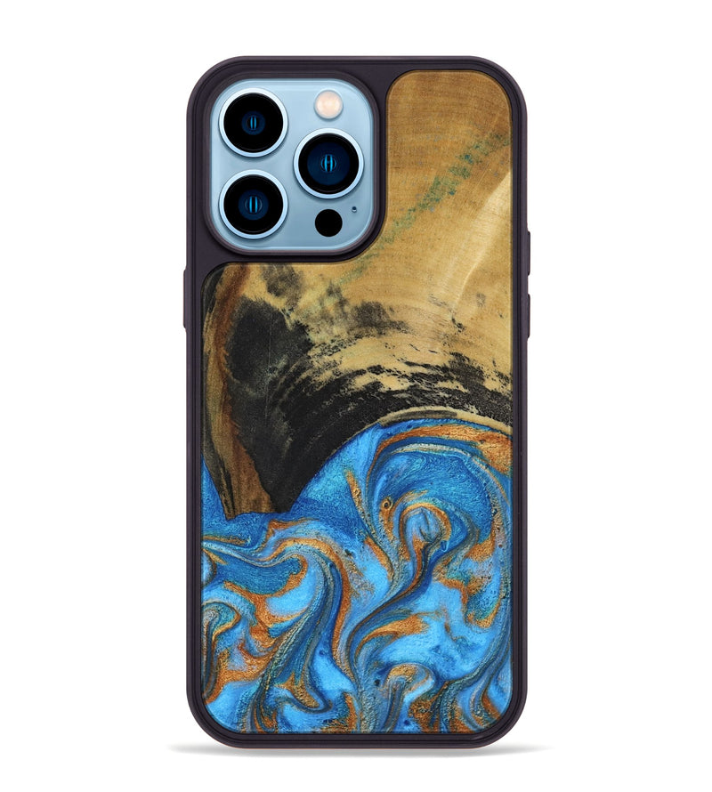 iPhone 14 Pro Max Wood Phone Case - Aliya (Teal & Gold, 801648)