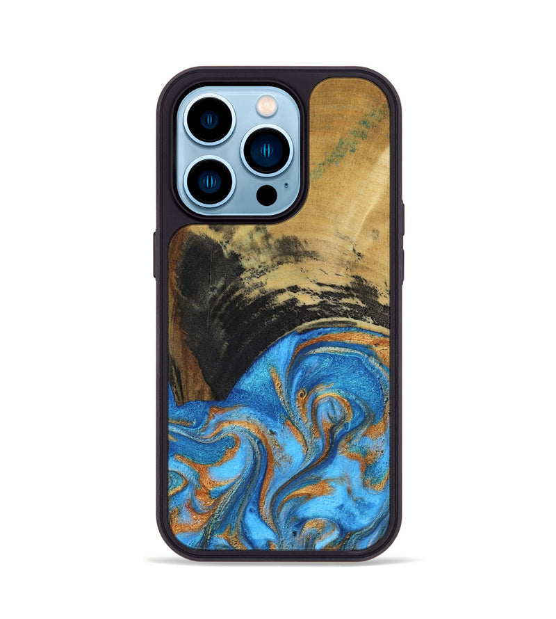 iPhone 14 Pro Wood Phone Case - Aliya (Teal & Gold, 801648)