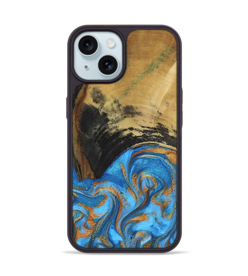 iPhone 15 Wood Phone Case - Aliya (Teal & Gold, 801648)