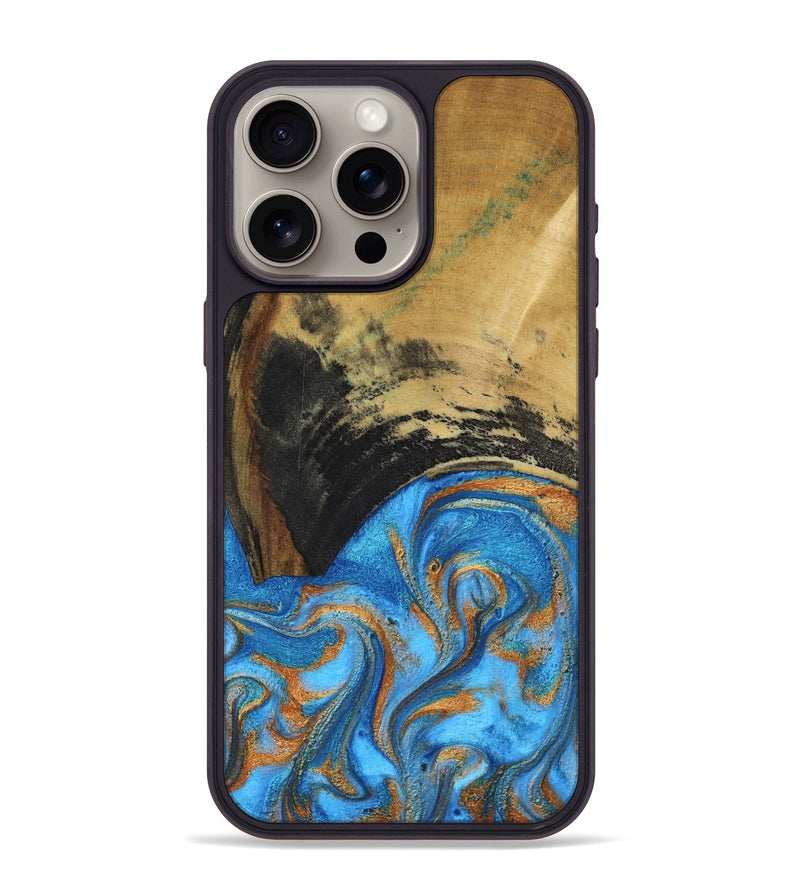 iPhone 15 Pro Max Wood Phone Case - Aliya (Teal & Gold, 801648)