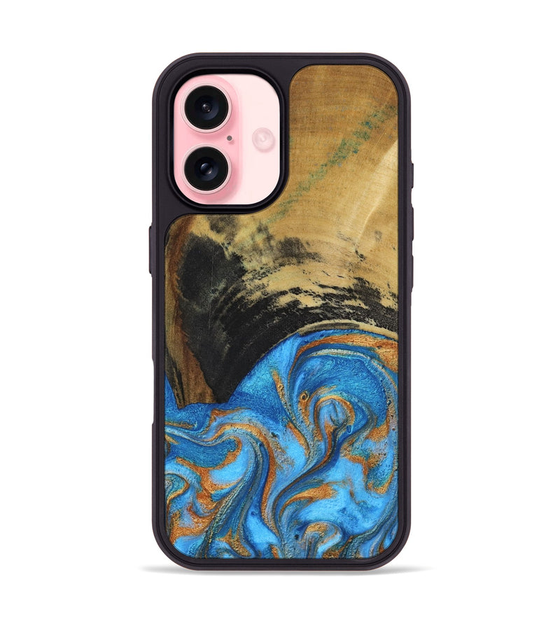 iPhone 16 Wood Phone Case - Aliya (Teal & Gold, 801648)