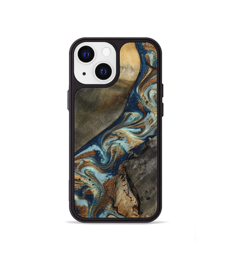 iPhone 13 mini Wood Phone Case - Karon (Teal & Gold, 801649)