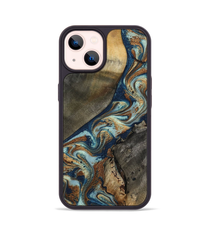 iPhone 14 Wood Phone Case - Karon (Teal & Gold, 801649)