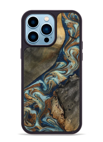 iPhone 14 Pro Max Wood Phone Case - Karon (Teal & Gold, 801649)