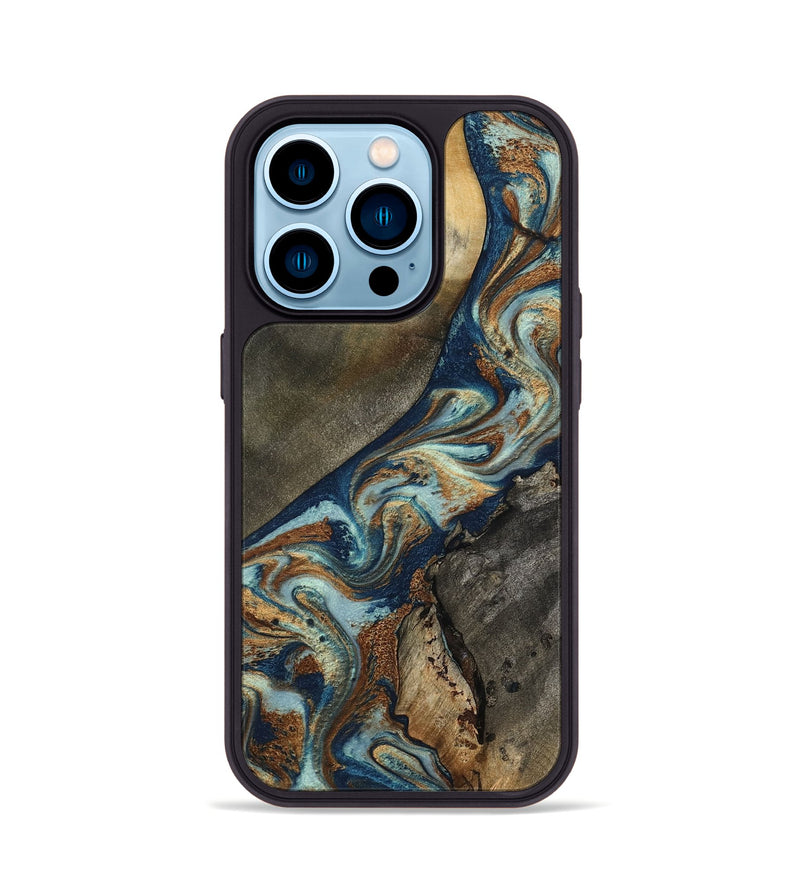 iPhone 14 Pro Wood Phone Case - Karon (Teal & Gold, 801649)