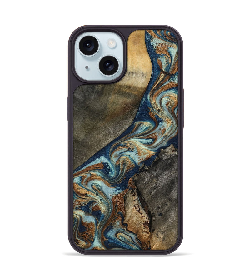 iPhone 15 Wood Phone Case - Karon (Teal & Gold, 801649)