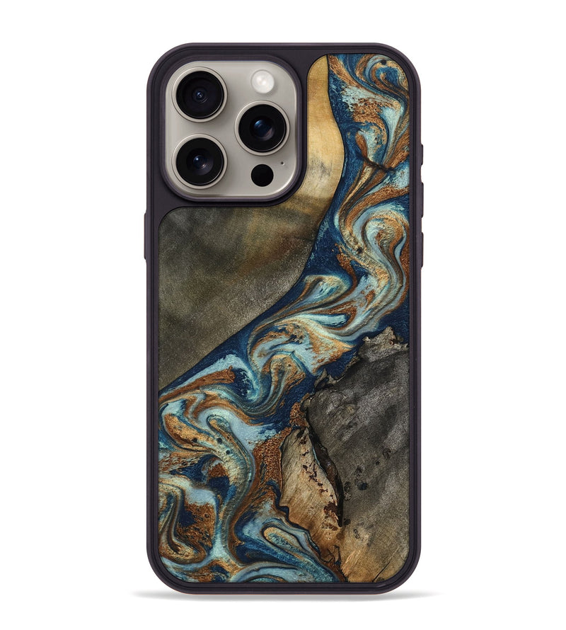 iPhone 15 Pro Max Wood Phone Case - Karon (Teal & Gold, 801649)