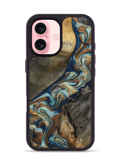 iPhone 16 Wood Phone Case - Karon (Teal & Gold, 801649)