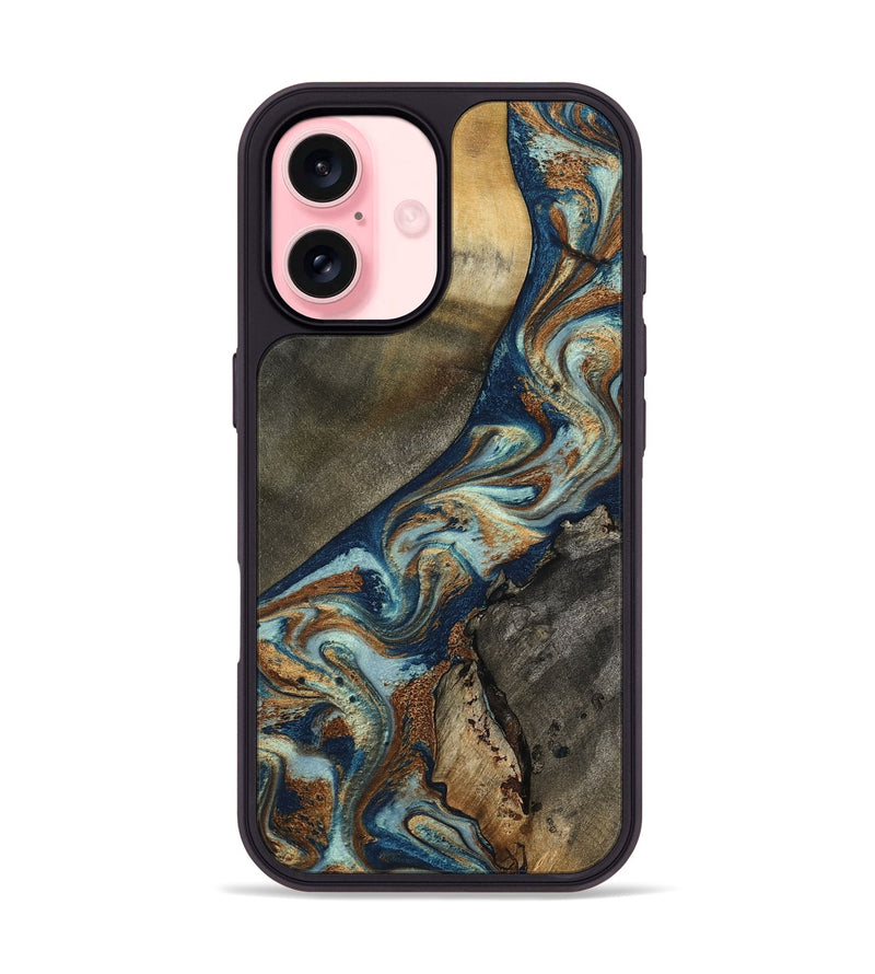 iPhone 16 Wood Phone Case - Karon (Teal & Gold, 801649)