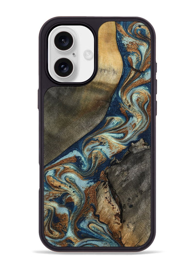 iPhone 16 Plus Wood Phone Case - Karon (Teal & Gold, 801649)