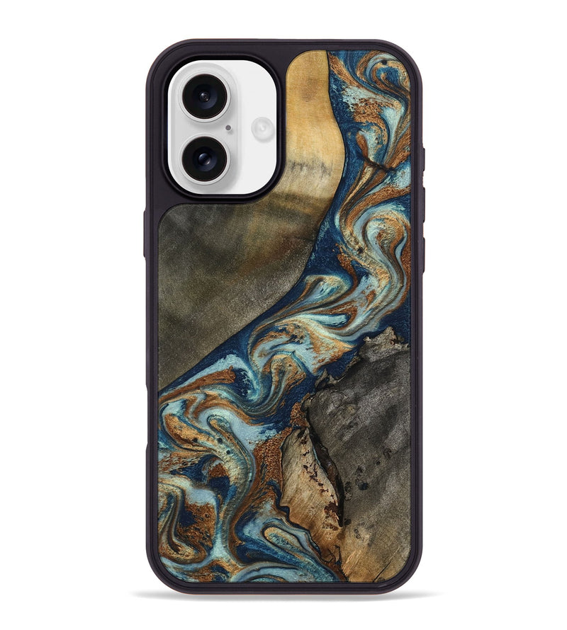 iPhone 16 Plus Wood Phone Case - Karon (Teal & Gold, 801649)