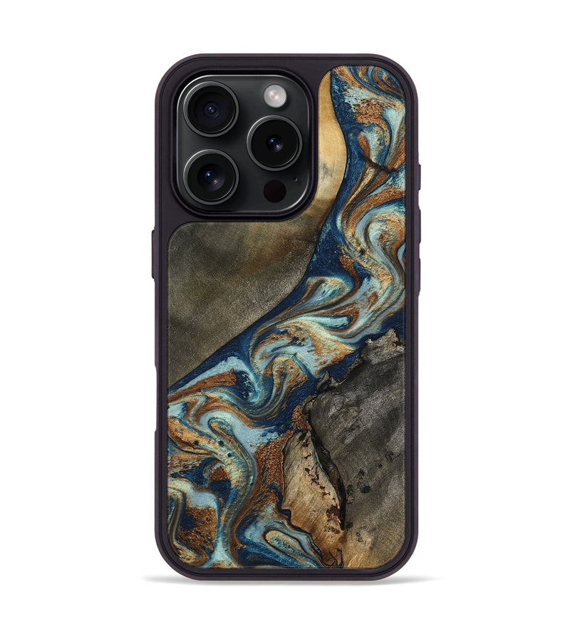 iPhone 16 Pro Wood Phone Case - Karon (Teal & Gold, 801649)