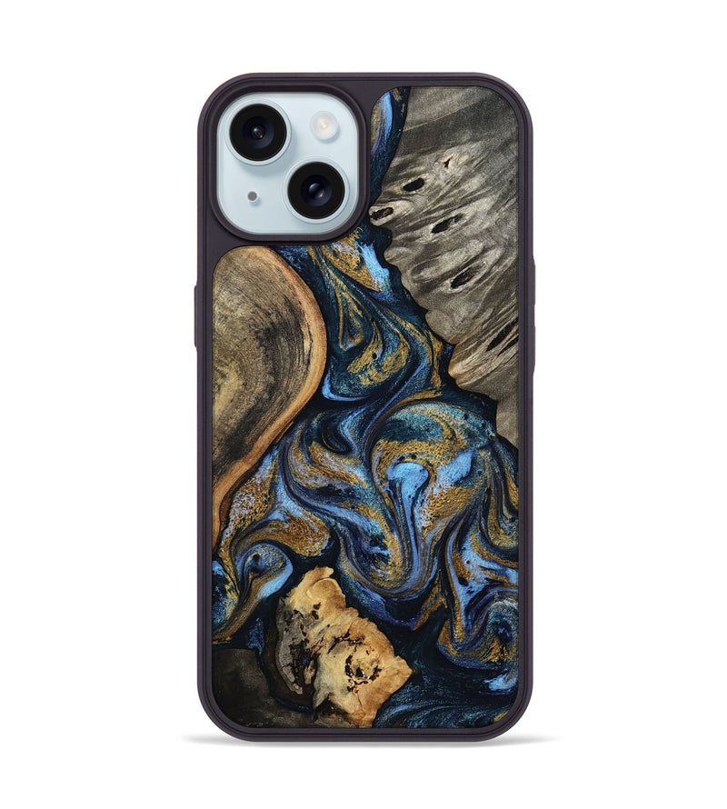 iPhone 15 Wood Phone Case - Kairi (Teal & Gold, 801650)