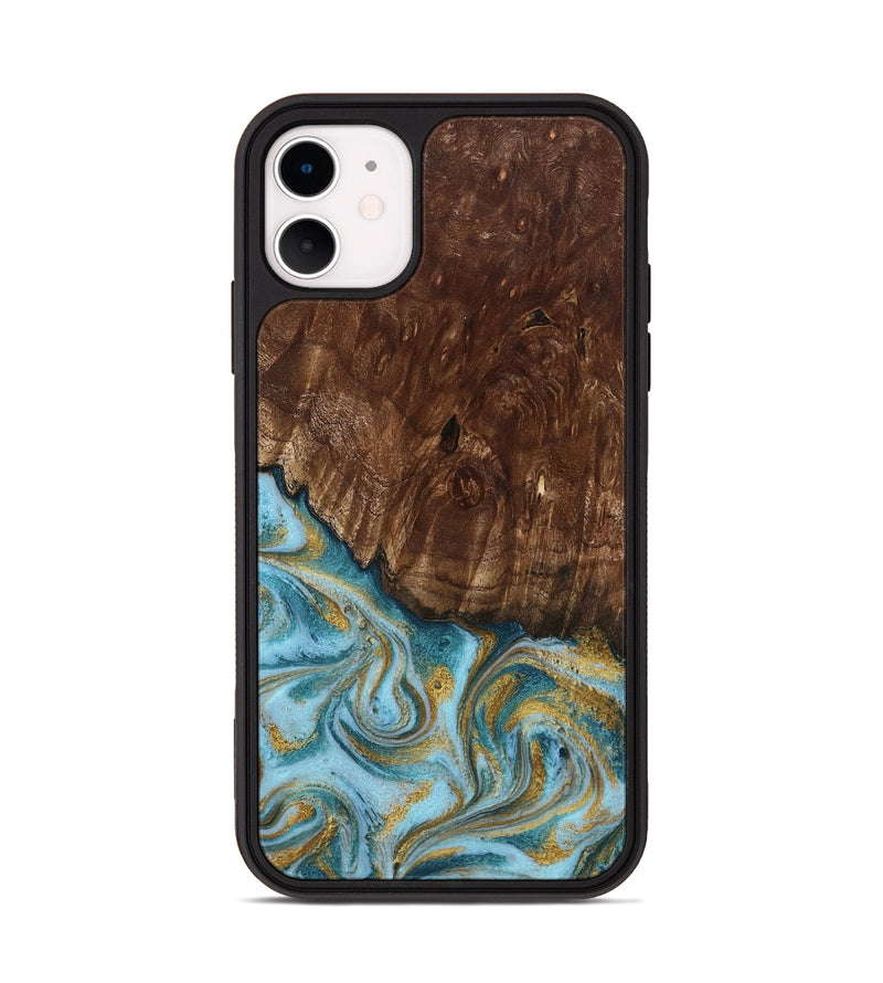 iPhone 11 Wood Phone Case - Tonya (Teal & Gold, 801652)