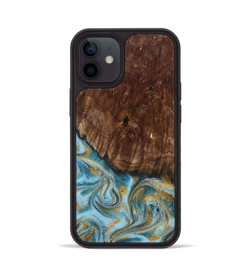 iPhone 12 Wood Phone Case - Tonya (Teal & Gold, 801652)