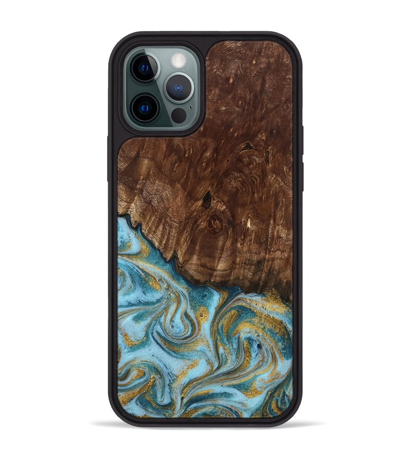 iPhone 12 Pro Max Wood Phone Case - Tonya (Teal & Gold, 801652)