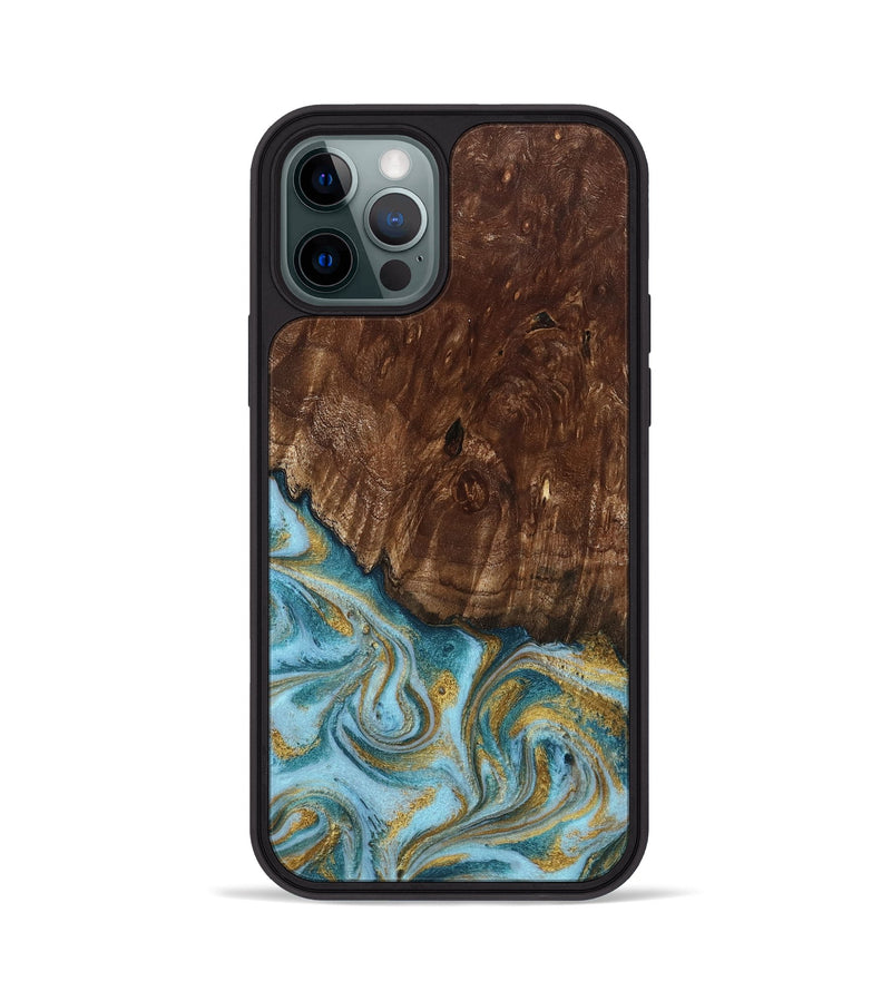 iPhone 12 Pro Wood Phone Case - Tonya (Teal & Gold, 801652)
