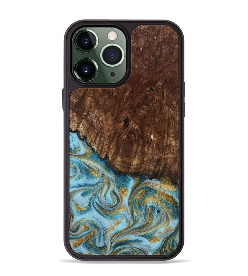 iPhone 13 Pro Max Wood Phone Case - Tonya (Teal & Gold, 801652)