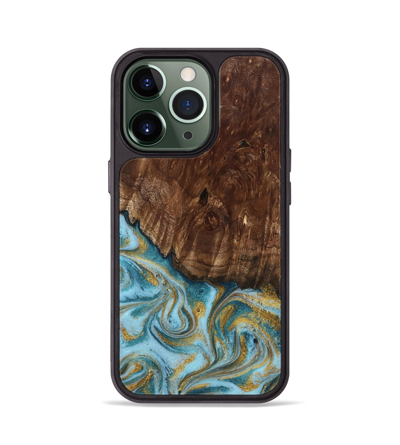 iPhone 13 Pro Wood Phone Case - Tonya (Teal & Gold, 801652)