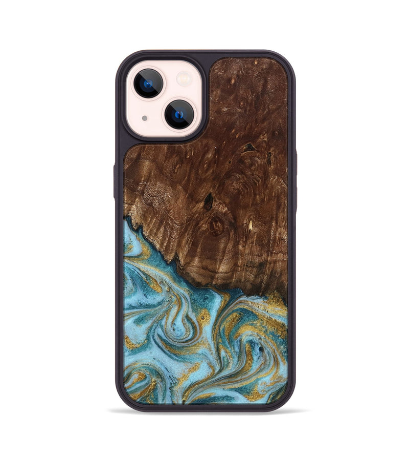 iPhone 14 Wood Phone Case - Tonya (Teal & Gold, 801652)