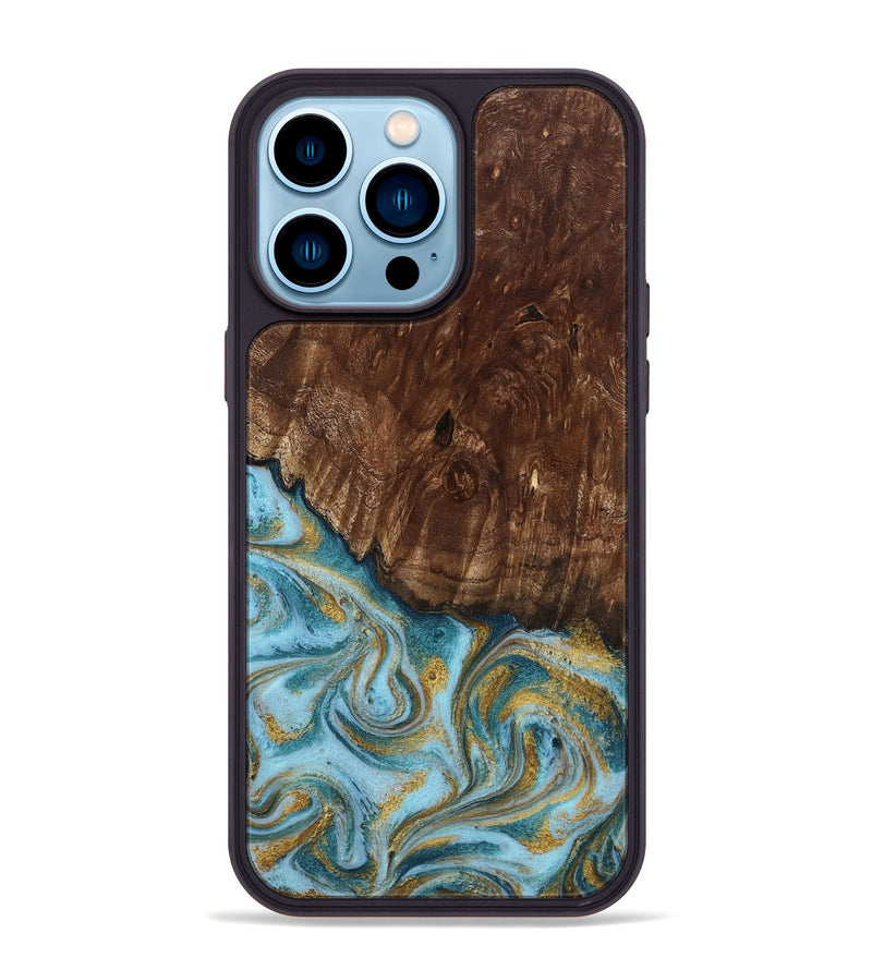 iPhone 14 Pro Max Wood Phone Case - Tonya (Teal & Gold, 801652)