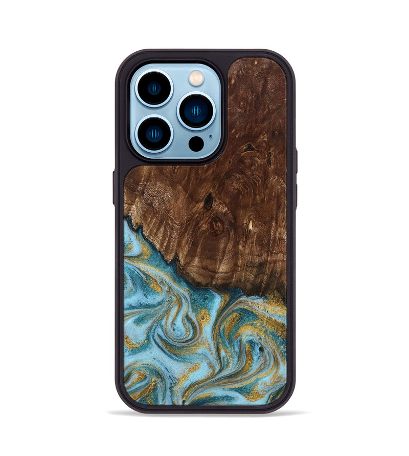 iPhone 14 Pro Wood Phone Case - Tonya (Teal & Gold, 801652)