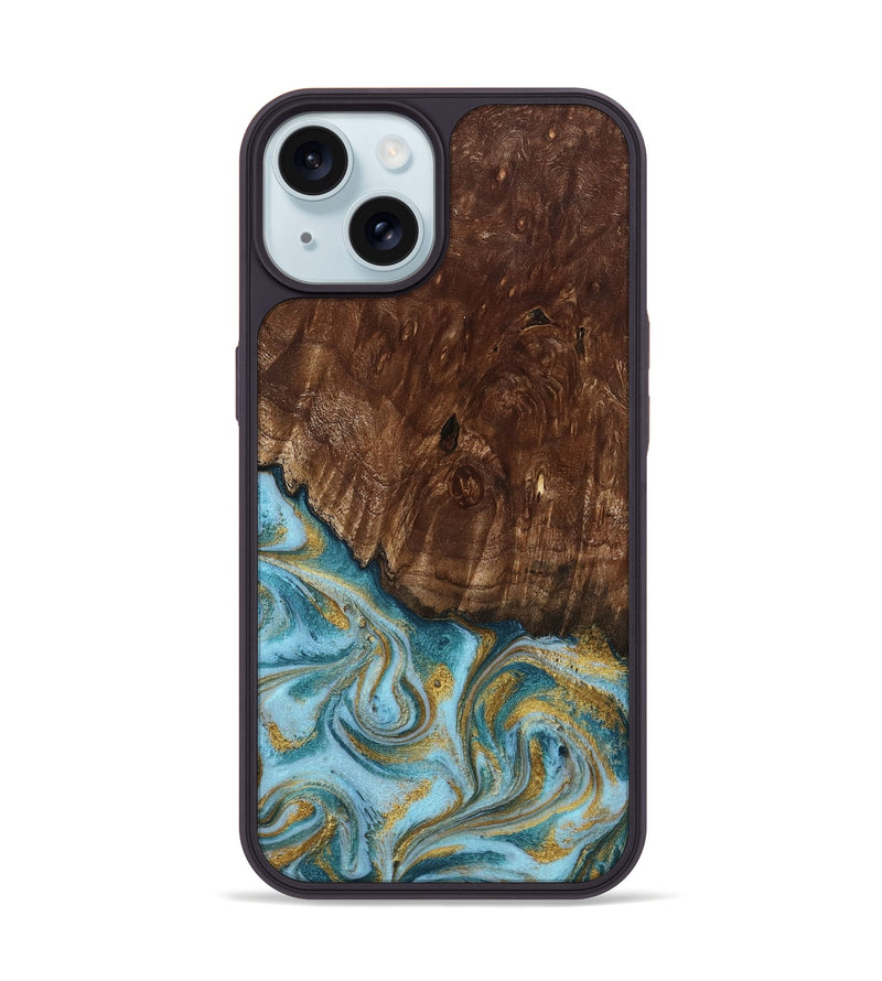 iPhone 15 Wood Phone Case - Tonya (Teal & Gold, 801652)
