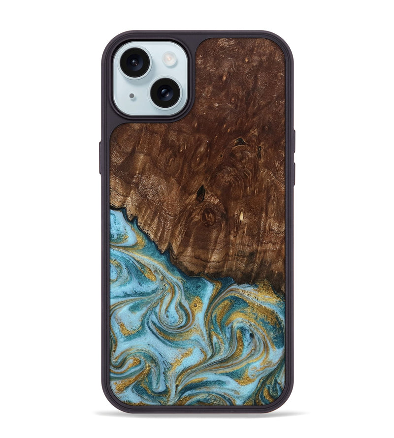 iPhone 15 Plus Wood Phone Case - Tonya (Teal & Gold, 801652)