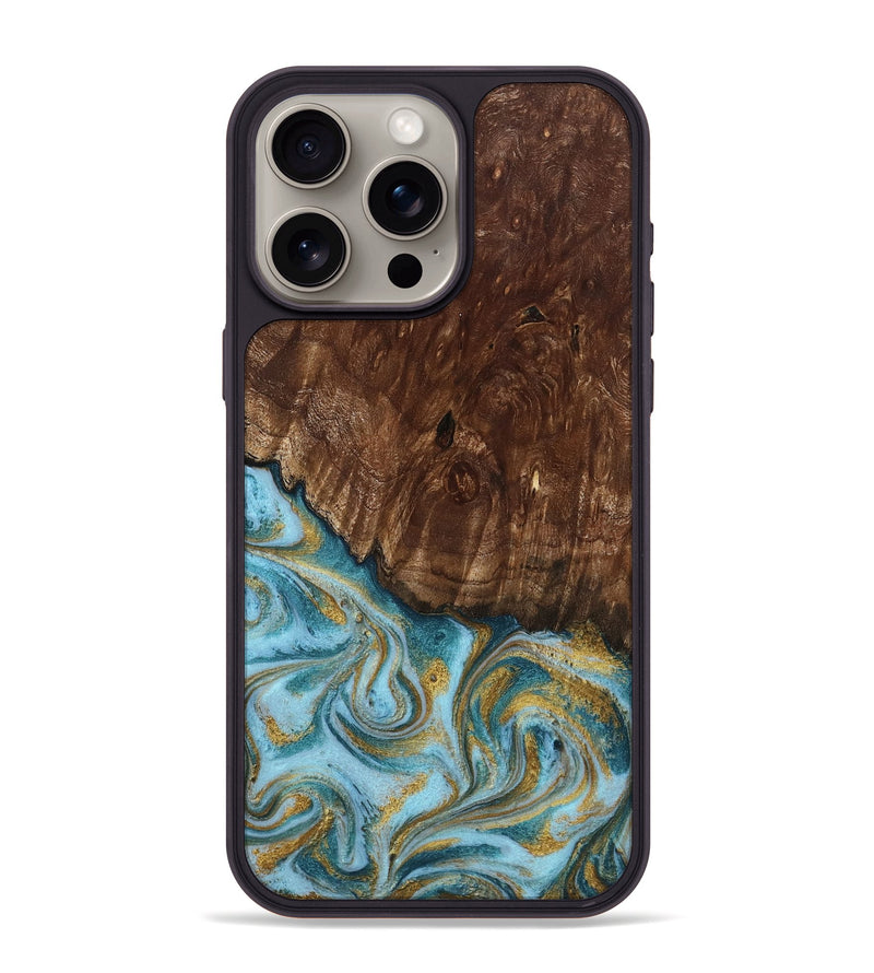 iPhone 15 Pro Max Wood Phone Case - Tonya (Teal & Gold, 801652)